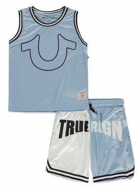 True Religion Light Blue & White Kids Logo Tank and Shorts Set